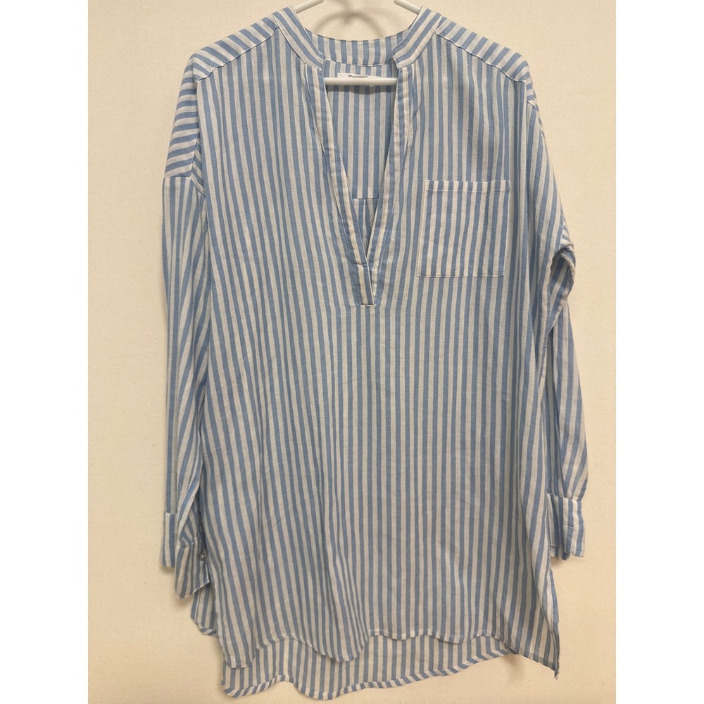 O'Neill Womens Blue White Striped Cotton Tunic Shirt Split V-Neck XS